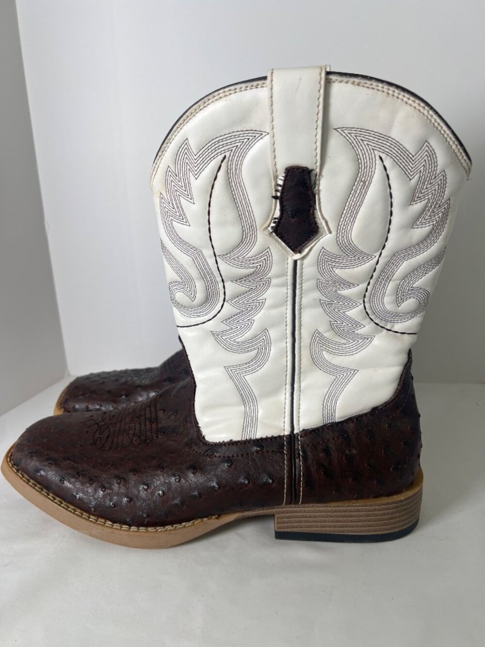 Roper Bumps Ostrich Square Toe Cowboy Boots Size 12 Faux Leather White Brown